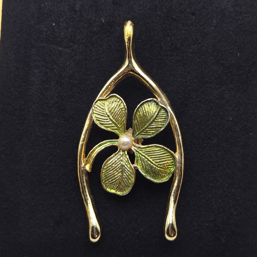 Gerrys Womens Vintage Wishbone Four Leaf Clover Enamel Pearl Brooch Pin Luck